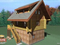 Cascade Handcrafted Log Homes - Getaway Cabin - Exterior View Rear Stairs